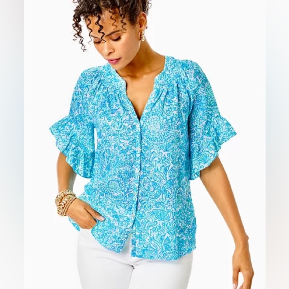 Lilly Pulitzer Aqua Paisley Ruffle-Sleeve Button Blouse
